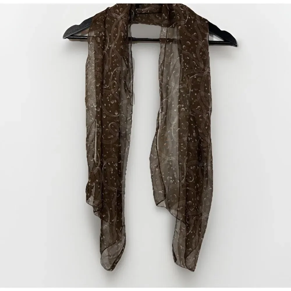 Sheer Brown Rectangle Scarf Circle Polka Dot Moon Ribbons Retro Vintage 56